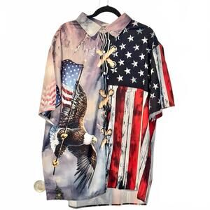 Red and White Casual Button Down Shirt with Patriotic Design